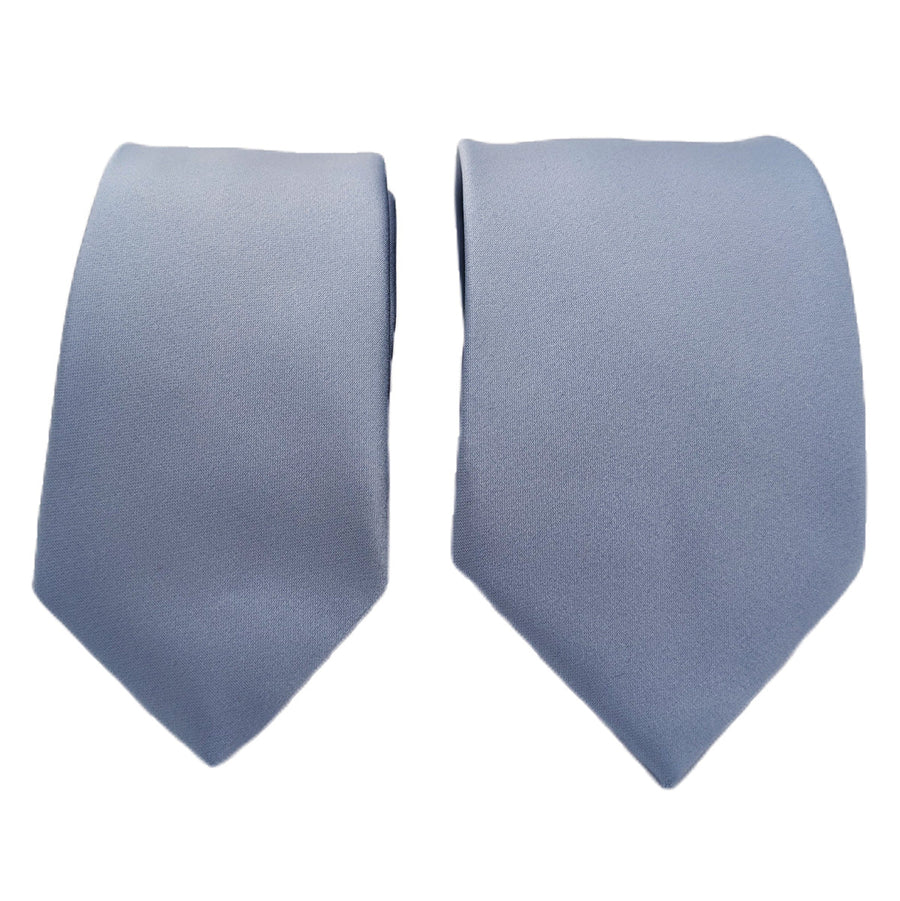 Two Smokey Blue Wedding Ties side by side, displaying width options and durable craftsmanship perfect for coordinated wedding attire.