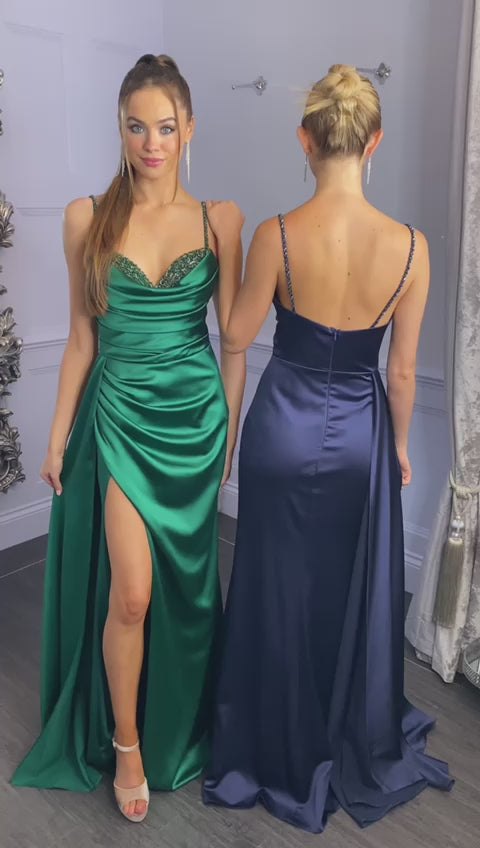 Emerald Beaded Satin Prom Dress with High leg Split  7414