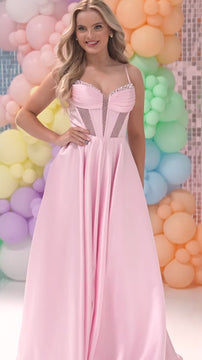 Pink prom gown with embellished bodice and full skirt