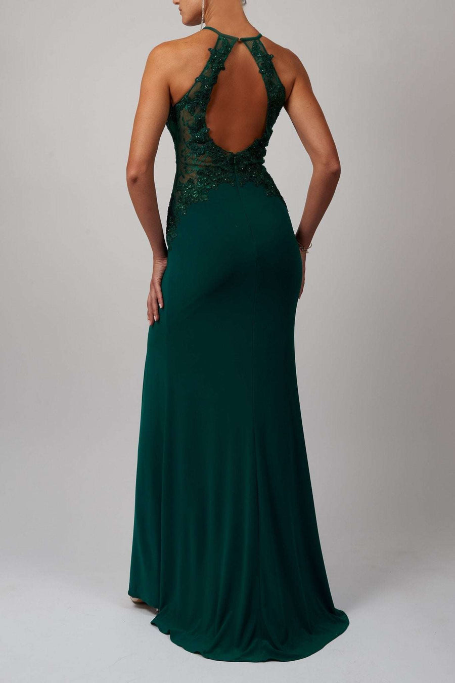 Keyhole lace dress in royal blue style shown in emerald green with halter neck, open back, and lace embellishments for formal occasions.