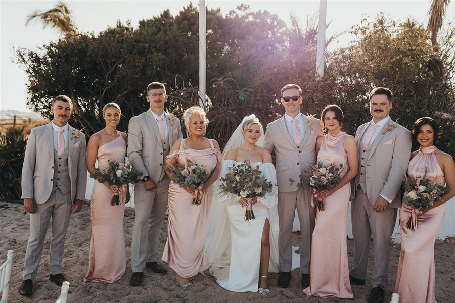 Wedding party featuring Vintage Rose Pocket Square - Handkerchief Polyester | Dry Clean, styled with blush dresses and beige suits for a cohesive look.