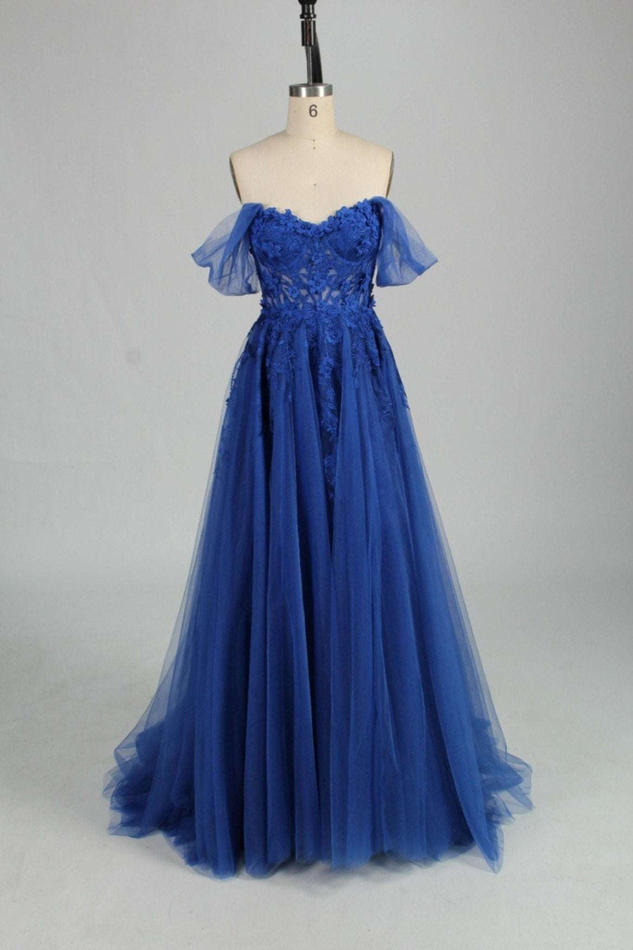 Royal Blue YLONA Corset Dress with lace bodice, 3D floral appliqués, and detachable tulle shoulder straps, ideal for prom or evening events.