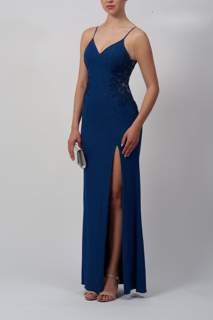 Front of Airforce Blue glitter, lace dress