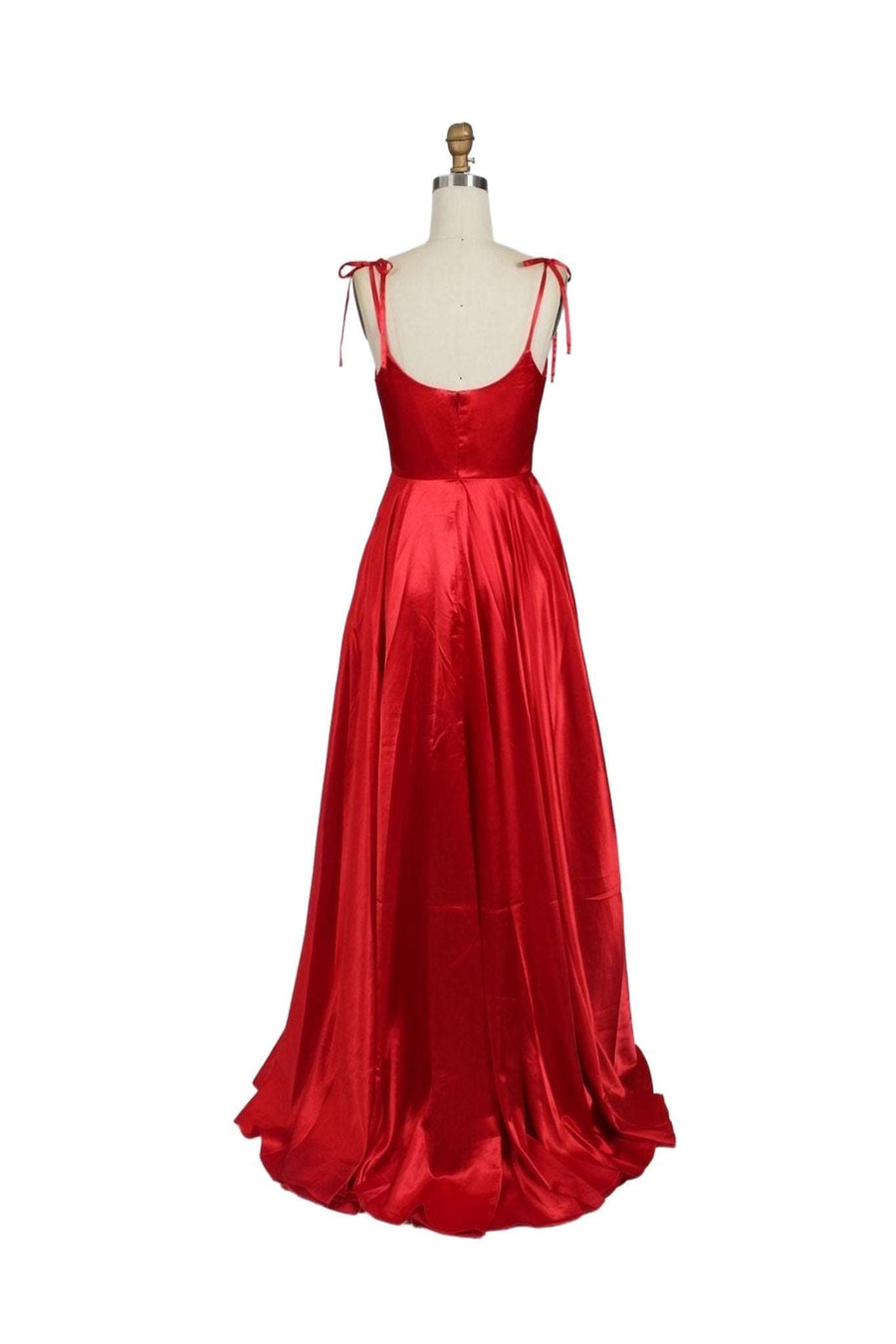 Side view of Abby Red Satin Ballgown 32644, highlighting the sleek satin fabric and flattering fit.