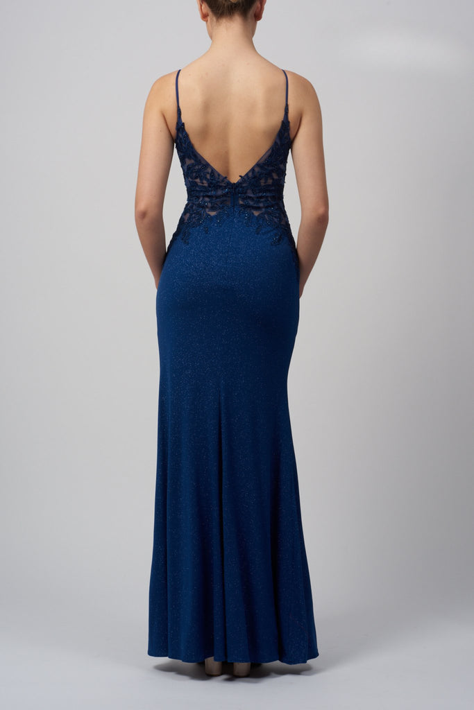 Back of Airforce Blue dress with lace and mesh detailing 
