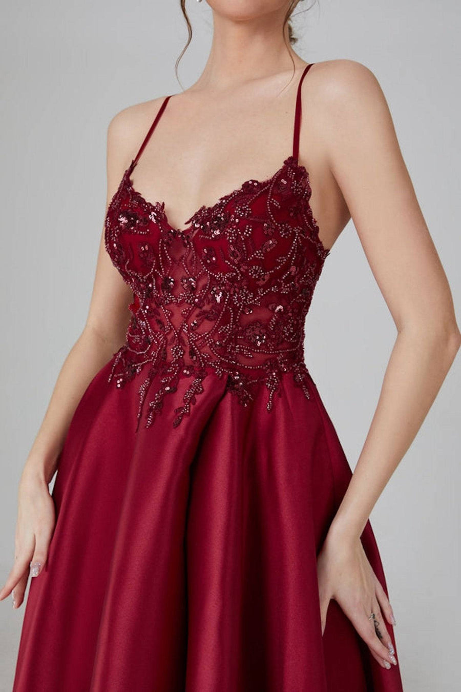 Wine KATE Dress with embellished sequin bodice and full taffeta skirt, ideal for prom or evening events in the Dresses category.