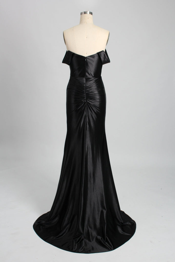 back view of black off-shoulder dress with rouched details and zip-up back