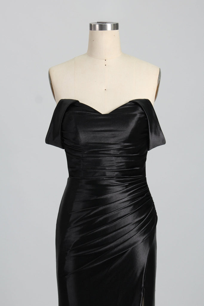 close up view of black sweetheart neckline off-shoulder dress with rouched details