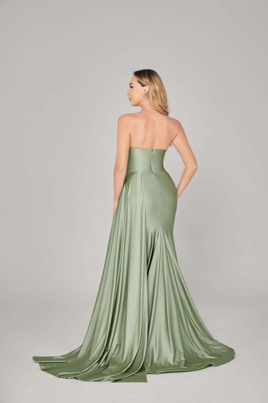 Back view of Sienna strapless satin corset evening dress with a fitted silhouette and flowing train, ideal for prom or red carpet events.