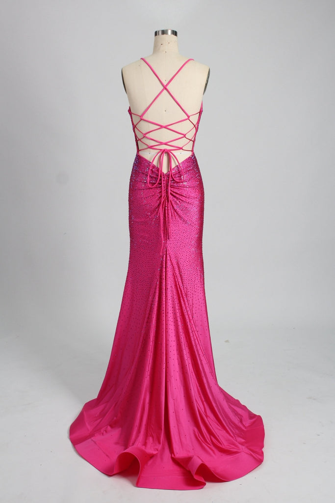 back view of hot pink rhinestone satin evening dress