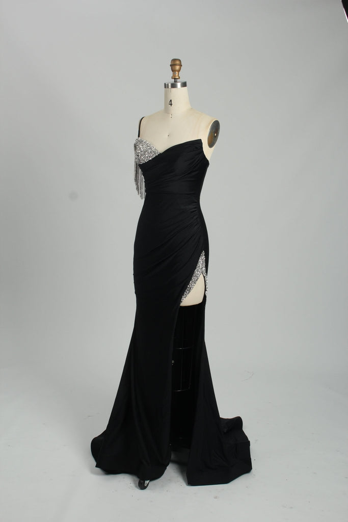 side view of sexy jewelled evening gown in black