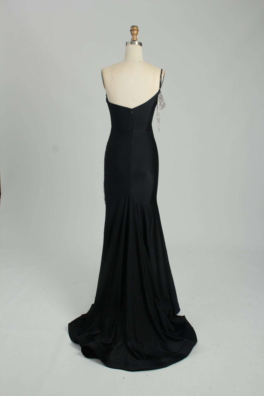 back view of sexy jewelled evening gown in black