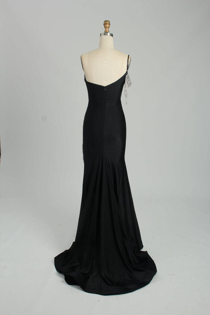 back view of sexy jewelled evening gown in black