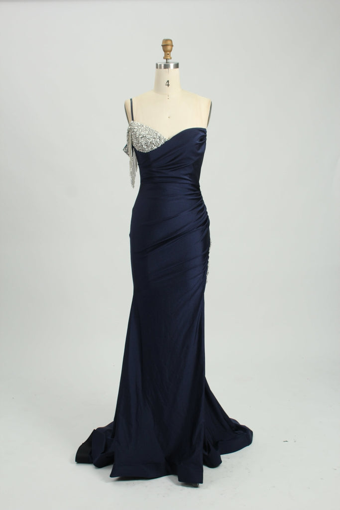 Kendal - Navy Jewelled Satin Jersey Corset Prom Dress