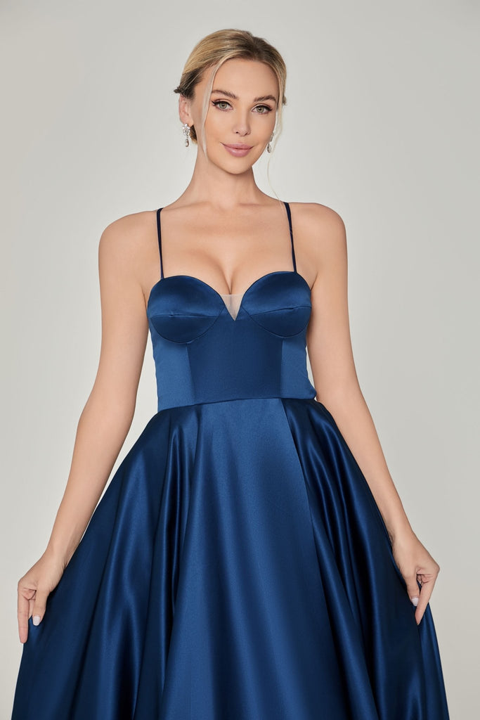 Close up of bodice on navy satin dress, front