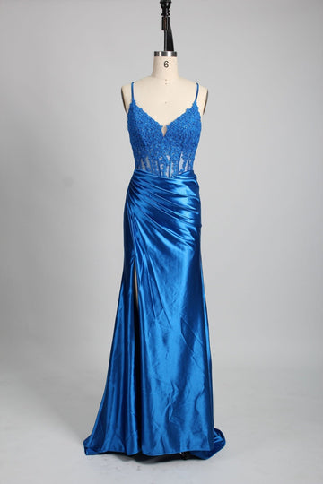 Royal Blue Satin embroidered corset bodice prom  dress, front
