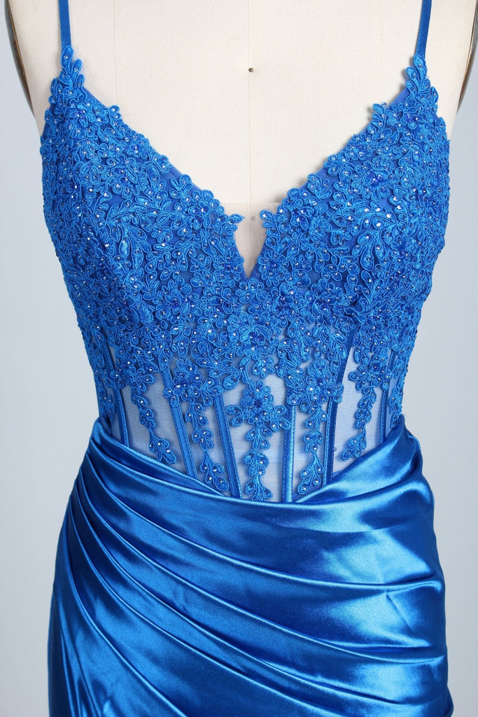 Close up of embroidered corset bodice on Royal Blue Satin Dress