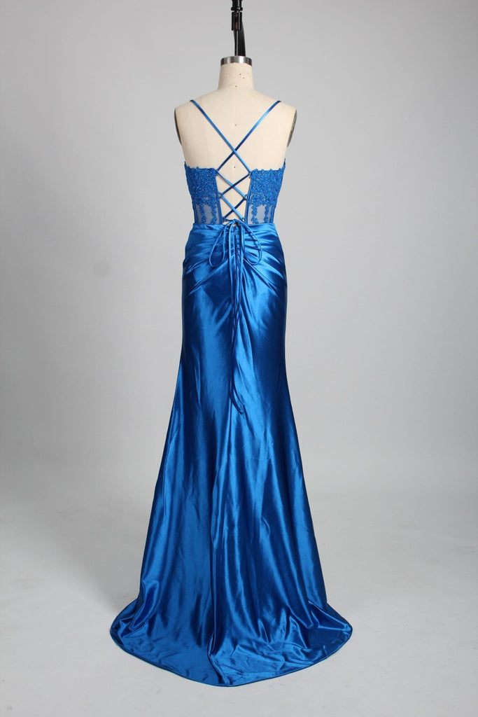 Back of Royal Blue Satin Corset Prom Dress  with tie back detail