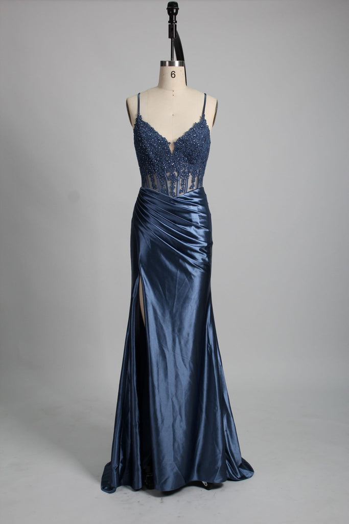 Dusty Blue Satin embroidered corset bodice prom dress, front 