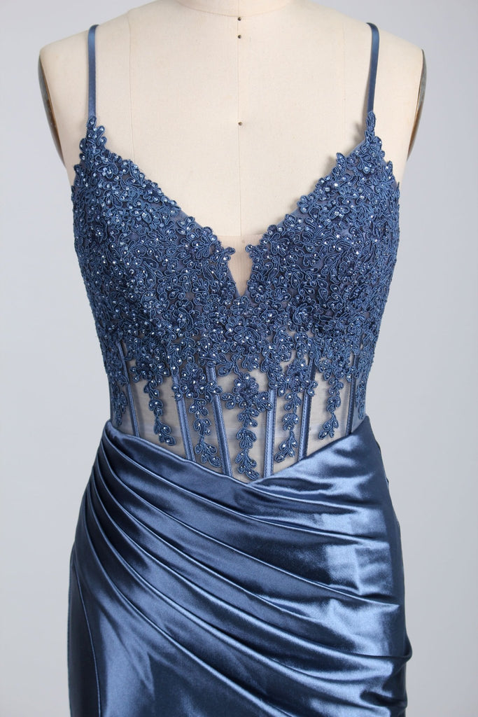 Close up of embroidered corset bodice on Dusty Blue Satin Dress