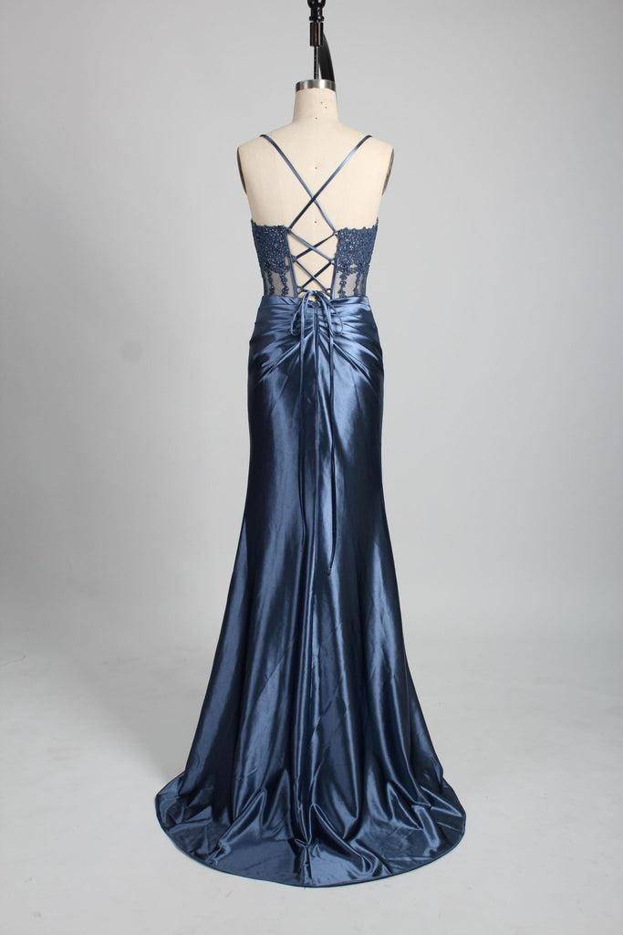 Back of Dusty Blue Satin Corset Prom Dress with tie back detail