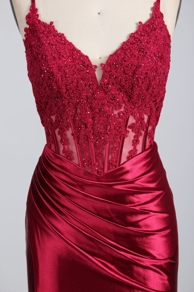 Close up of embroidered corset bodice on Wine Satin Dress