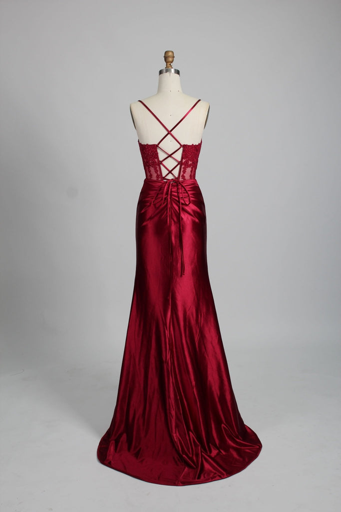 Back of Wine Satin Corset Prom Dress with tie back detail