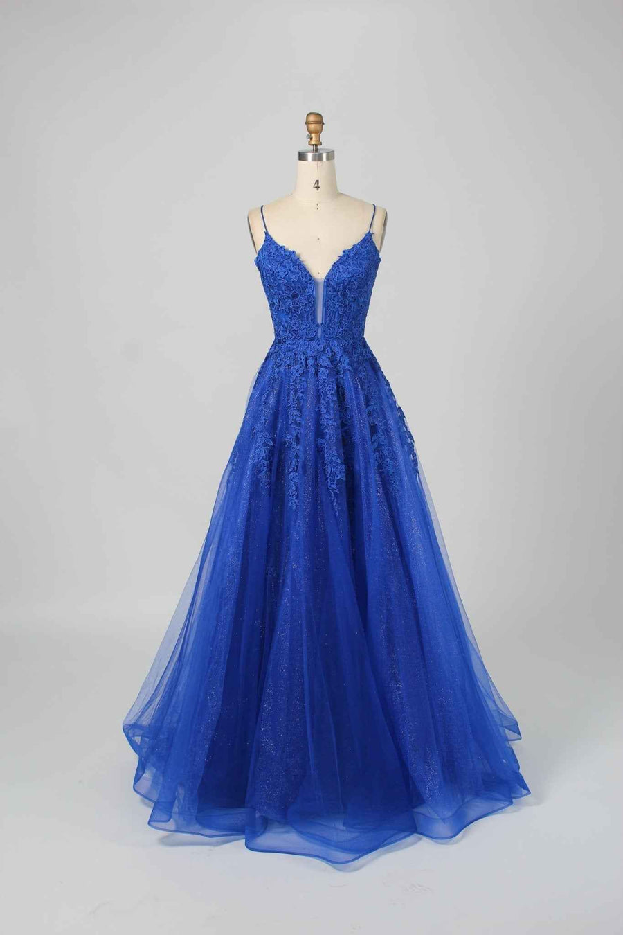 Joy Royal Blue Glitter Tulle Ballgown by Jessica Stuart with floral appliques, sweetheart neckline, and flowing tulle skirt for prom or gala events.