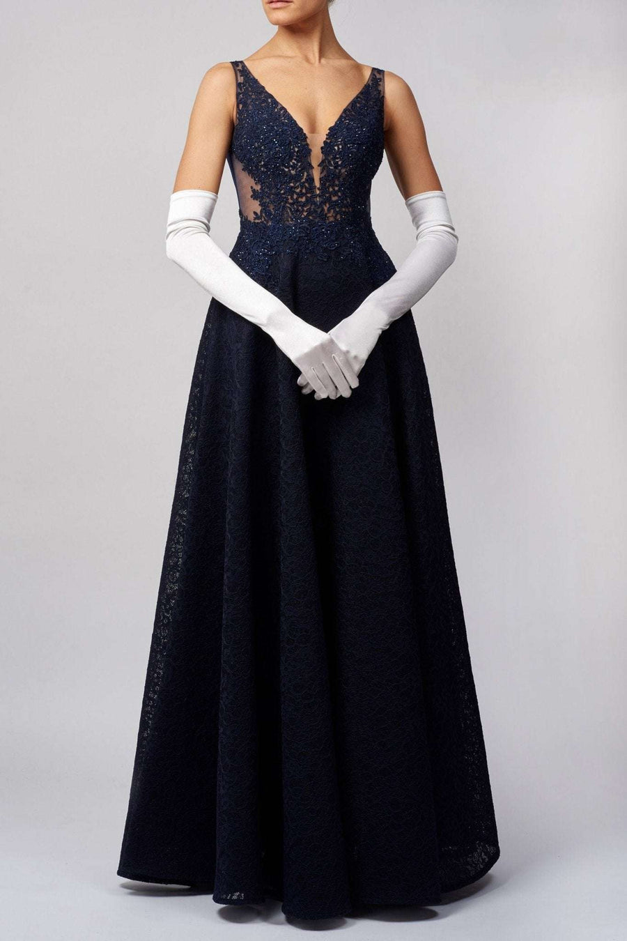 WHITE Dress Gloves-DG001 | Opera Length Satin Gloves styled with a navy lace evening gown, ideal for weddings or formal events.