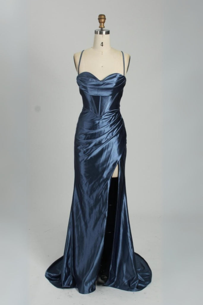Ella - Dusty Blue Corset Satin Long Evening Dress