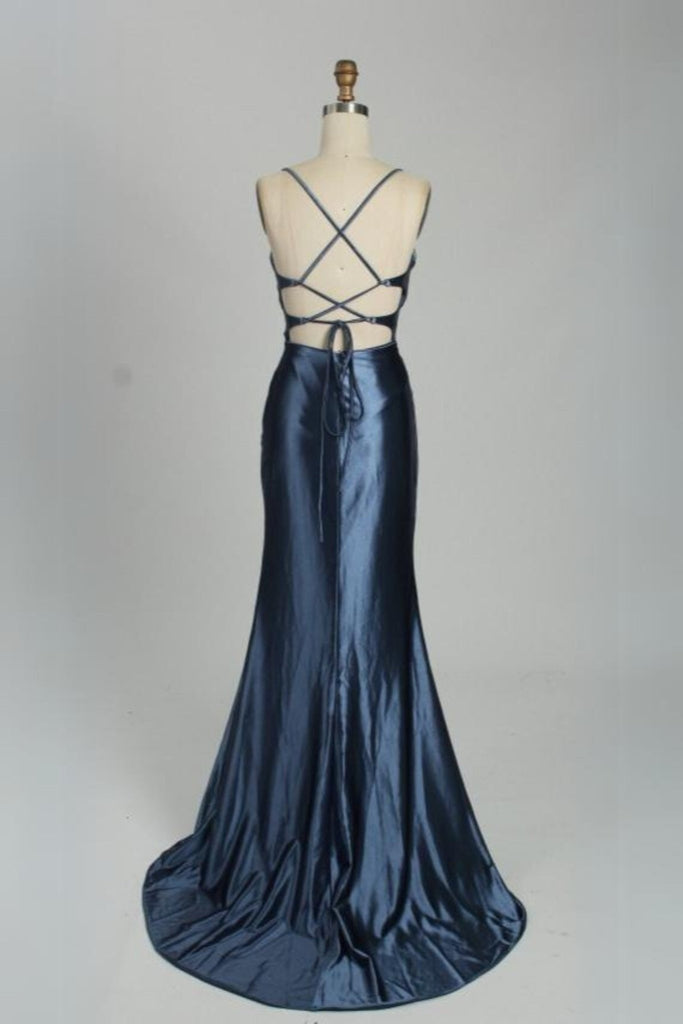 back view of satin corset evening dress in dusty blue