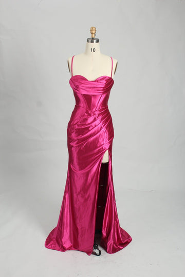 hot pink satin corset long evening dress