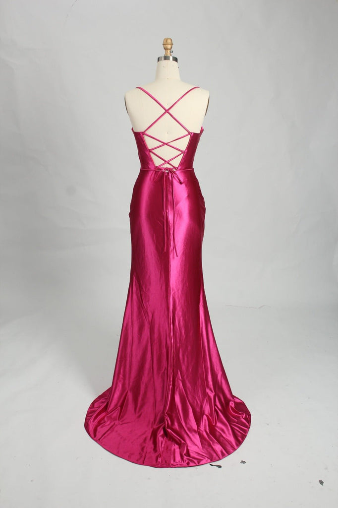 hot pink satin corset long evening dress with lace up back