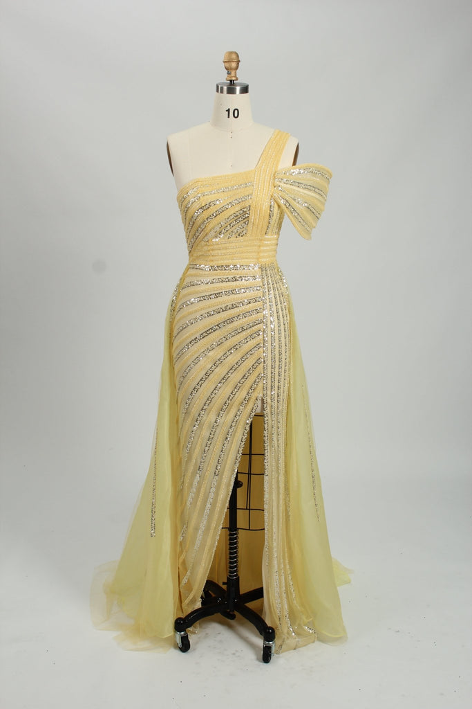 Yellow chiffon beaded bow gown