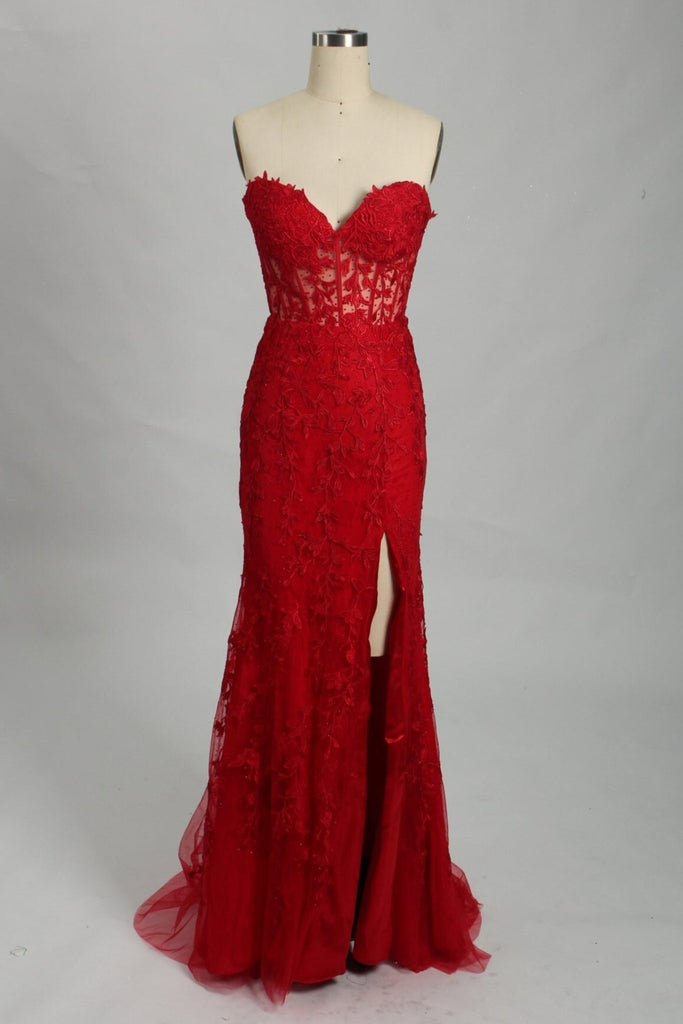 red corset evening dress with lace details and slit