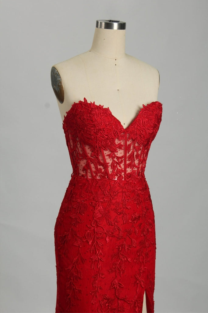 close up side view of red corset evening dress with lace details 