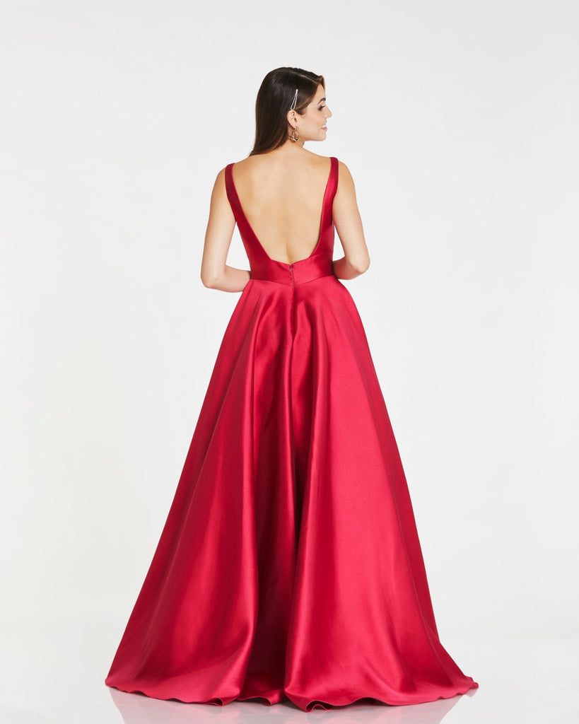 back view of a cherry red ballgown