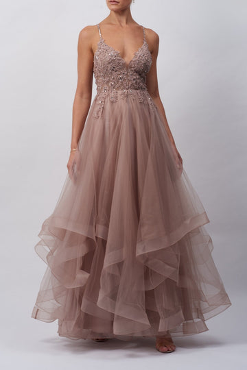 Taupe Tiered Tulle Sparkle Strap Prom Dress