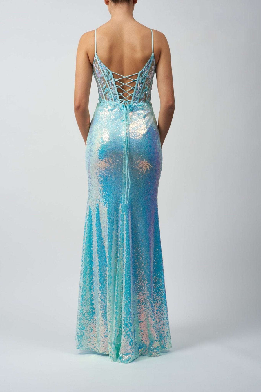Mascara MC111321 Ice Blue Corset Sequin Evening Dress with lace-up tie back, shimmering sequins, and fitted silhouette for prom or red carpet events.