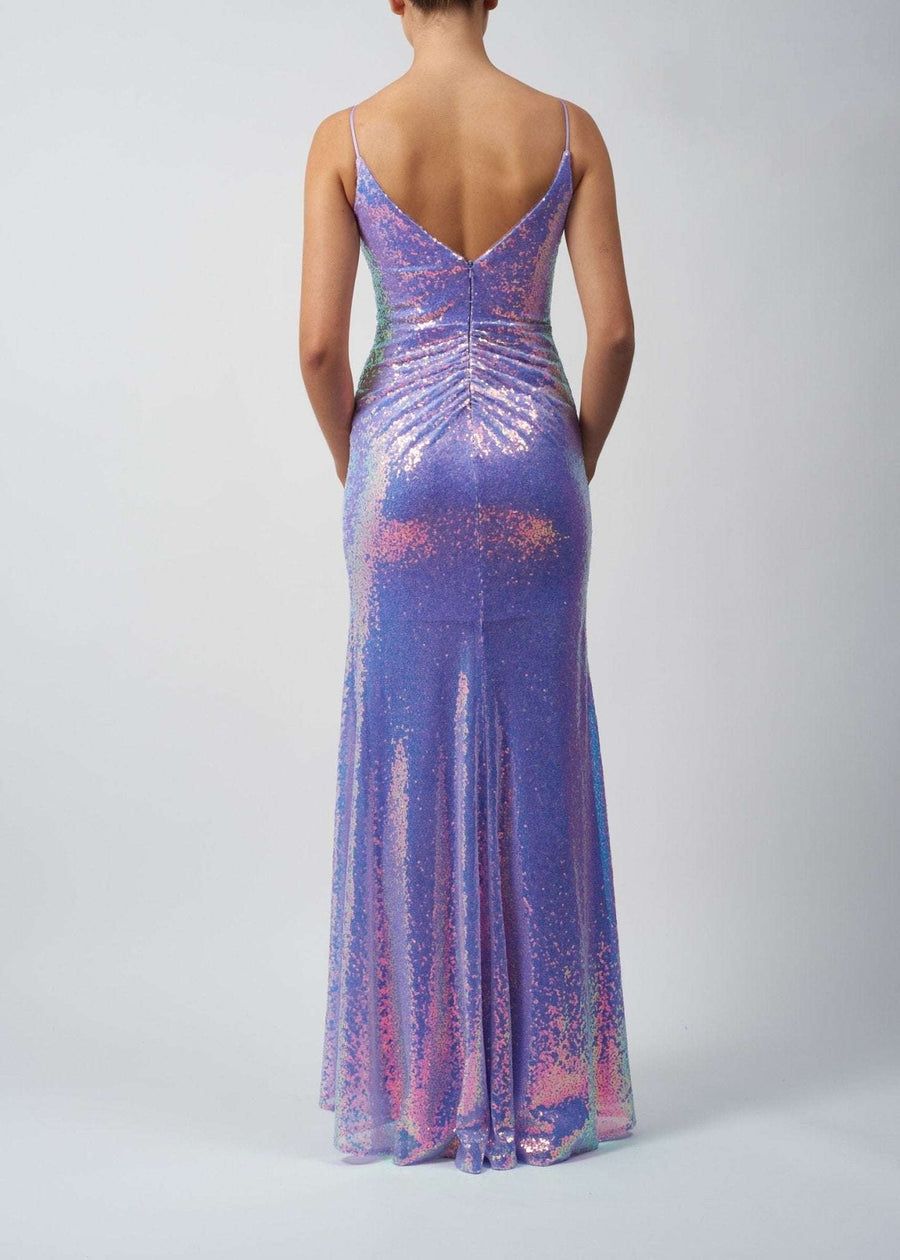 Lavender Mascara prom dress with shimmering purple sequins, deep V-back, and slim fit silhouette. Ideal for formal events and prom nights.