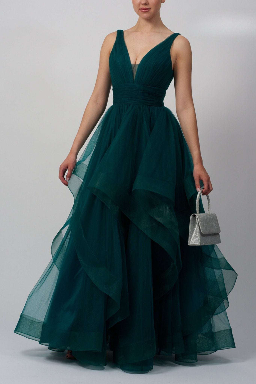 Mascara London MC11207 green tulle princess ballgown with deep V-neckline, tiered skirt, and zip-back, ideal for prom or formal events.