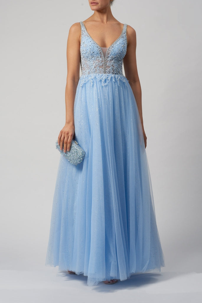 baby blue ballgown with embellished top and tulle skirt
