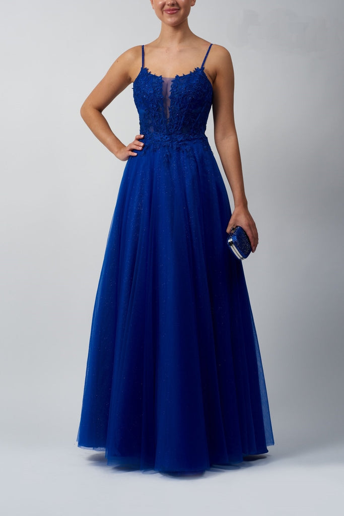 young lady in royal blue prom dress 