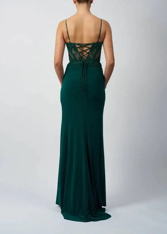 Back view of Mascara mc123211 Forest Green Embroidered Corset Dress featuring lace-up tie-back and figure-hugging silhouette for formal occasions.