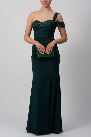 Green long evening dress with beaded corset top
