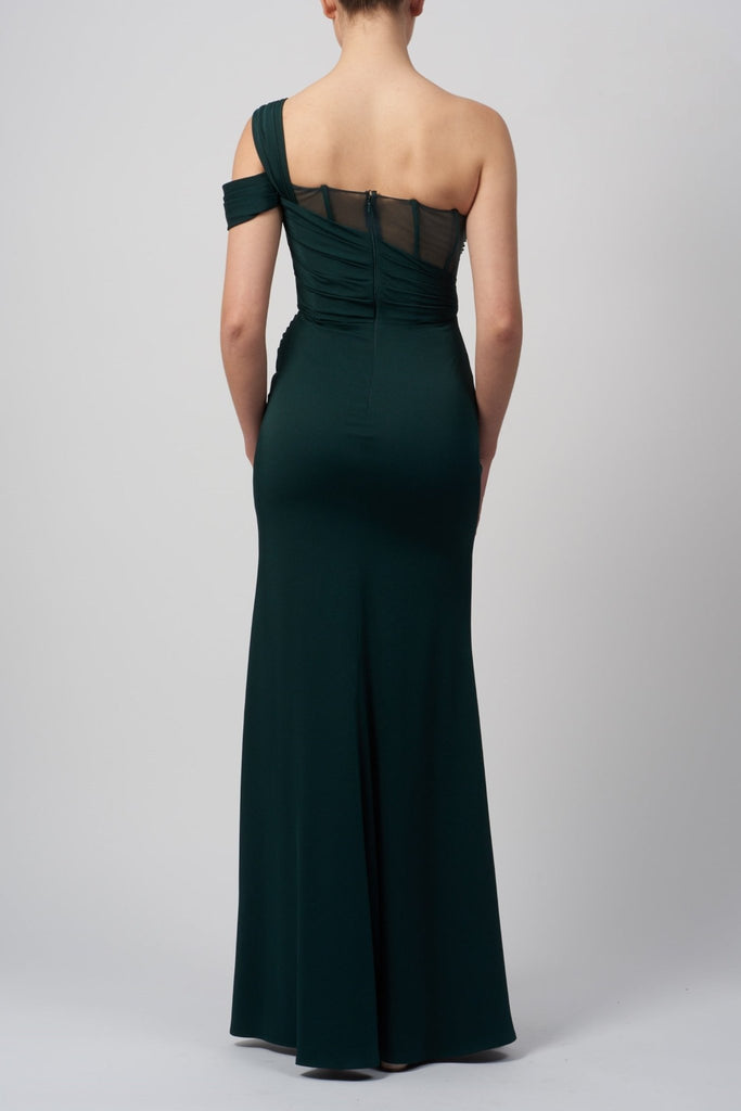 back view of Green long evening dress with corset top and zip up back