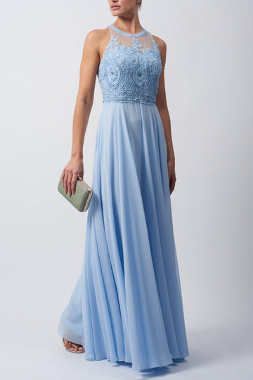 Baby blue Chiffon evening dress with halterneck top and lace embellished bodice