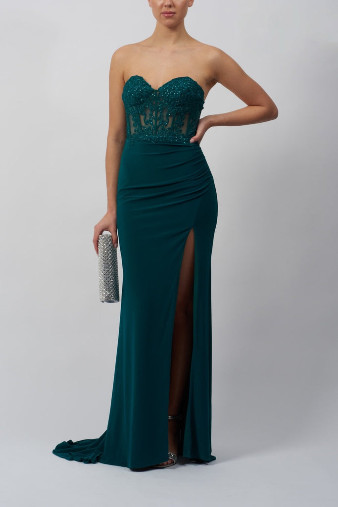 strapless green prom corset dress with high leg split