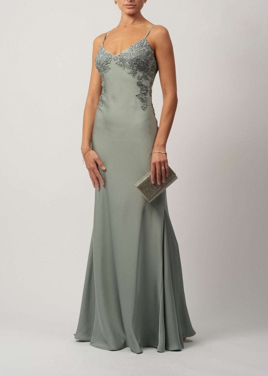Sage Satin Slip Embellished Long Gown MC192046