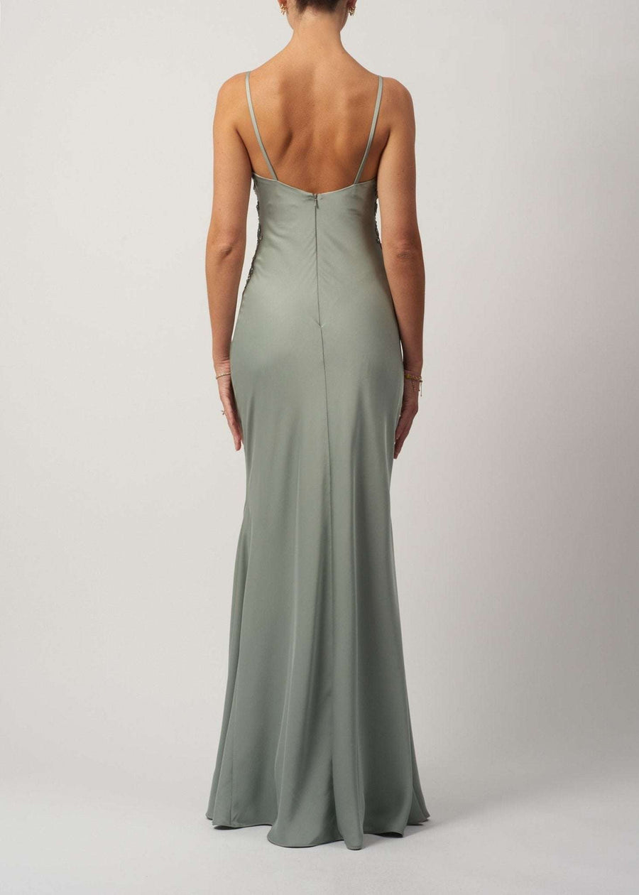 Black Satin Slip Embellished Long Gown MC192046 